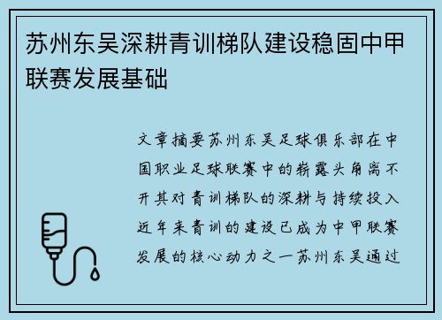 苏州东吴深耕青训梯队建设稳固中甲联赛发展基础
